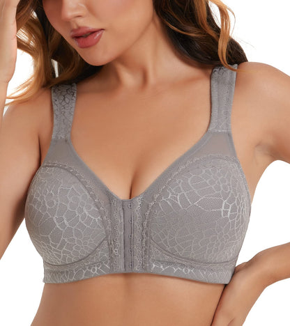 HACI Women's Front Closure Posture Bra Full Coverage Back Support Wireless Unpadded(Grey,46DDD)