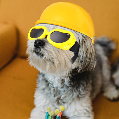 Dog Helmet and Goggles Set - 4 Inch Padded Motorcycle Helmet, Sunglasses Safety Cap, Hard Hat With Adjustable Belt for Small Pets Riding, S Size (Yellow)