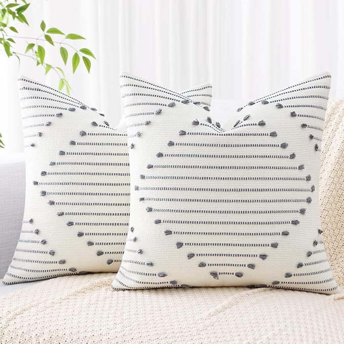 Mecatny Boho Outdoor Throw Pillow Covers 18X18 Set of 2, Farmhouse Decorative Pillow Covers for Couch Sofa Living Room, Grey & Cream White
