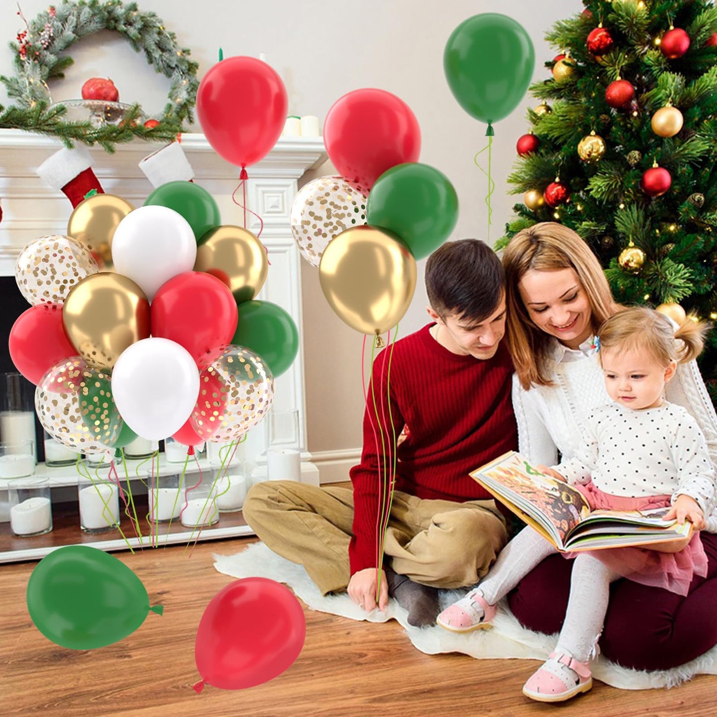 Patimate Red and Green Christmas Balloons Set, 50 pcs 12 inch Metallic Gold Green Red White Confetti Latex Balloons Kit for Christmas Grinch Birthday Party Decorations