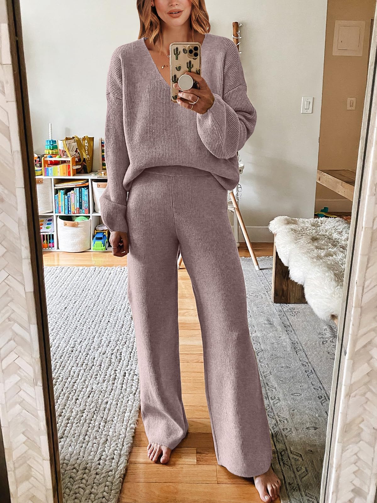 ANRABESS Women 2 Piece Outfits Sweater Lounge Sets Long Sleeve Cable Knit Pullover and Wide Leg Pants Tracksuit Matching Set Medium