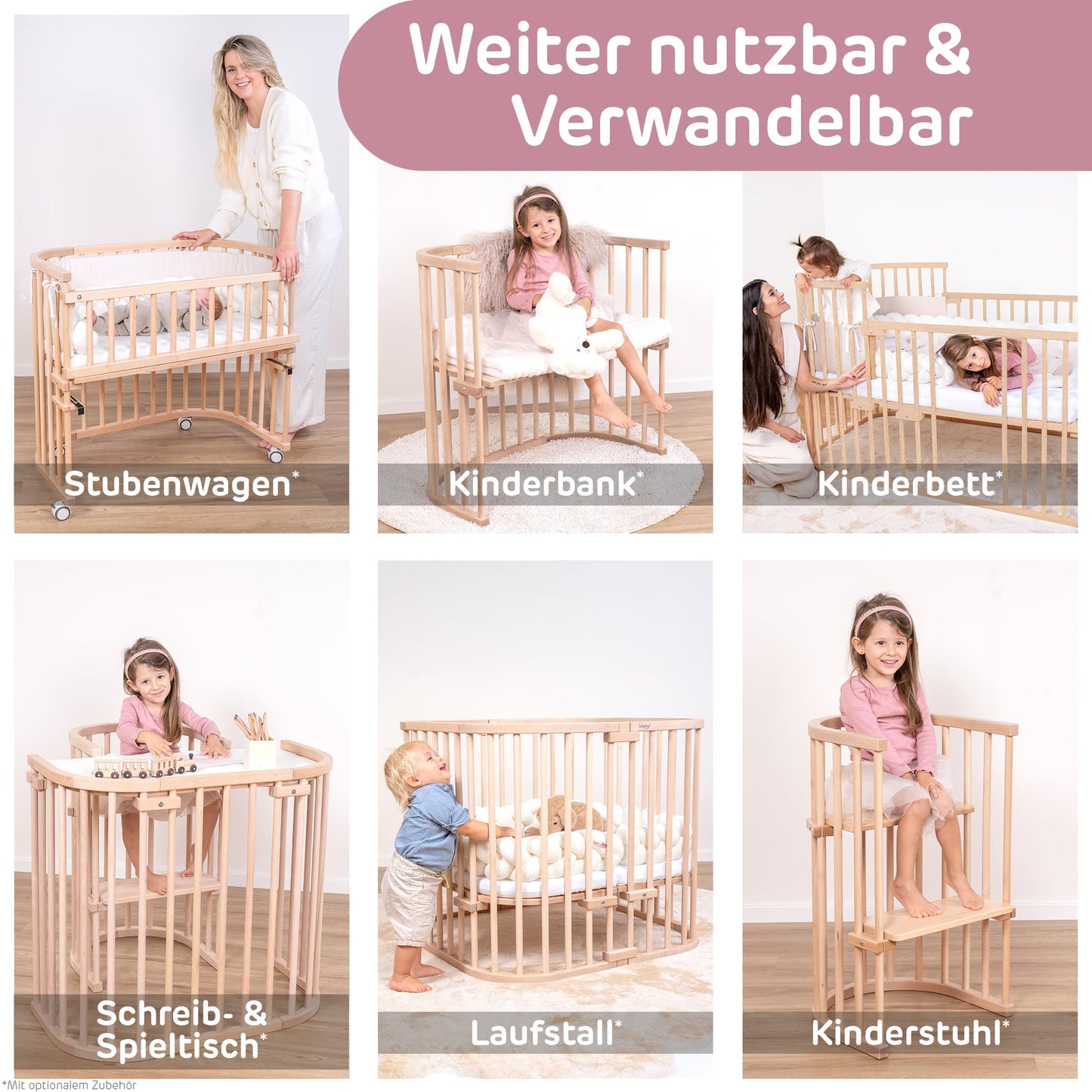 babybay Maxi Extra Large Side Bed Made of Solid Beech Wood/Children's Bed Height Fully Adjustable & Environmentally Friendly/with Mattress, Grid, Wheels (Natural Varnish)