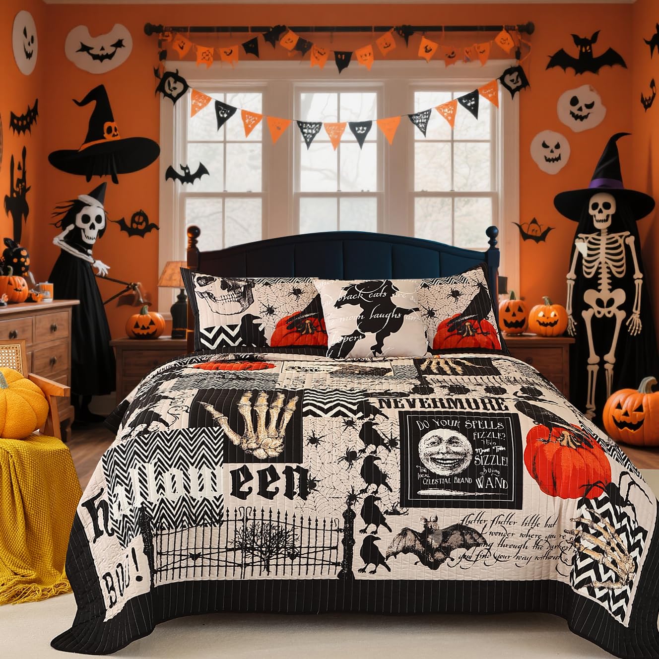 EVENHUG Halloween Quilt Set King Size Bedspread with Pillow Shams Festival Themed Bedding Sets Pumpkin Ghost Coverlet 4 Piece (104"x90")