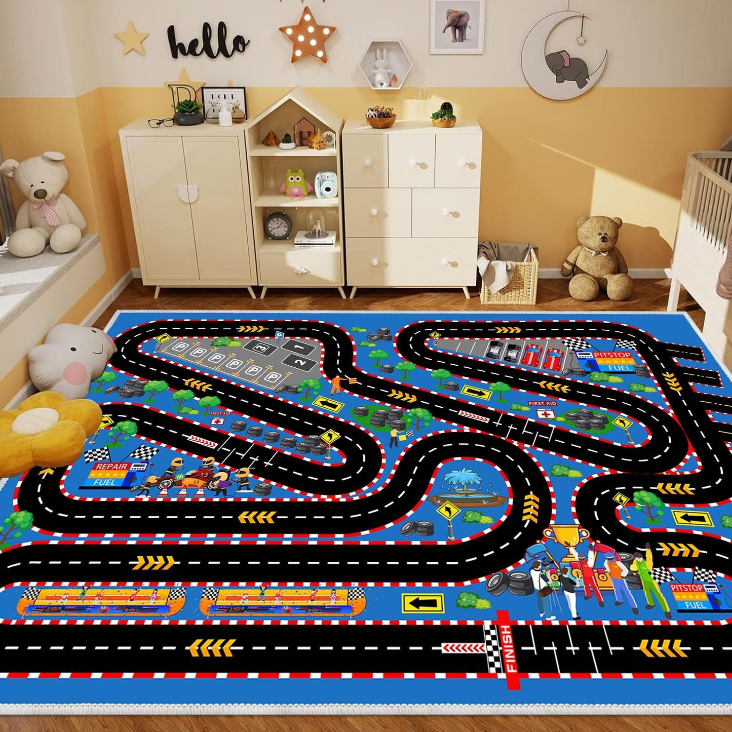 Kids Car Rug for Play Toy Cars, 39''x59'' Race Track Playmat Carpet Kid Play Road Rugs for Playroom Classroom Kids Room,Karting Road Racing Track Floor Mat Rug for Bedroom.