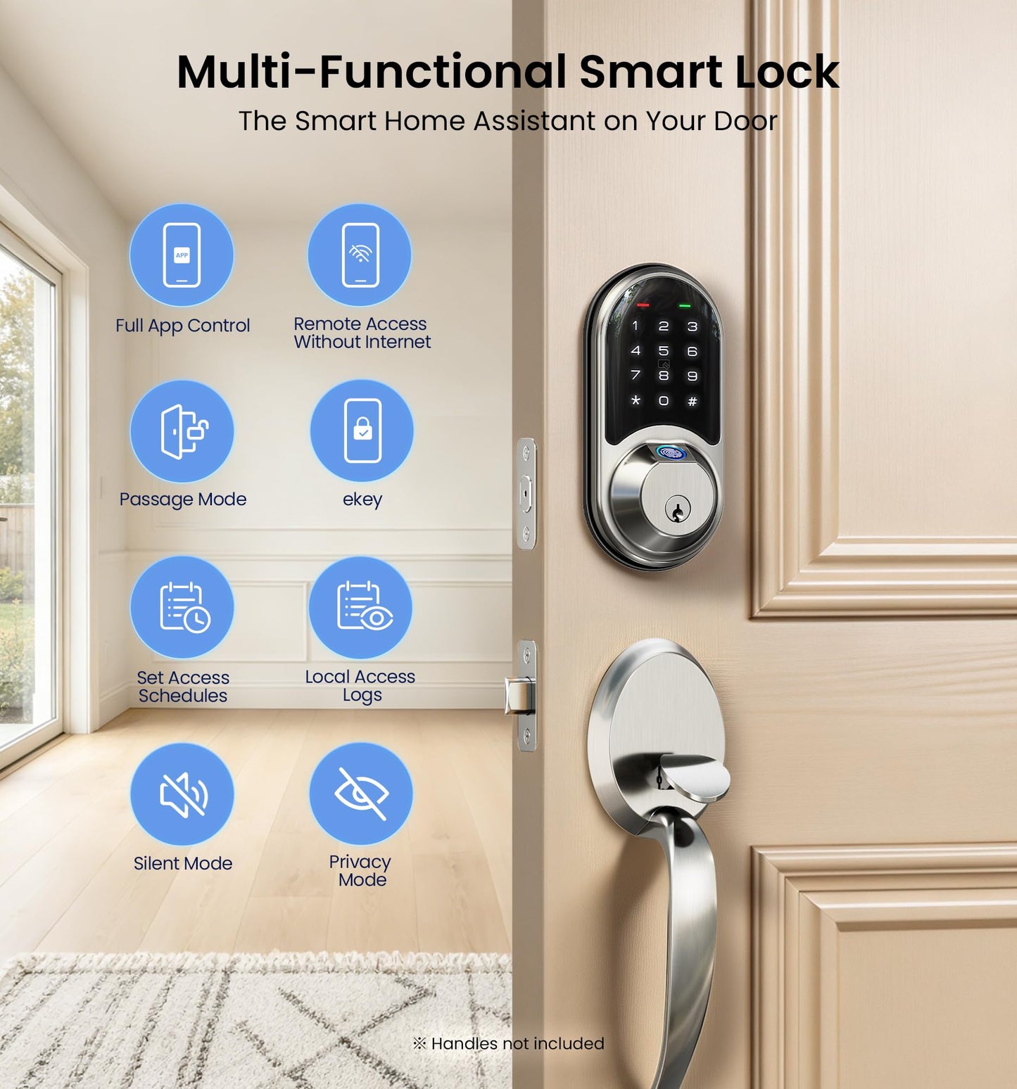 Veise RZ07 Fingerprint Smart Lock, 7-in-1 Smart Locks for Front Door, Keyless Entry Door Lock with App Control & Auto-Lock, Biometric Electronic Touchscreen Keypad Deadbolt, Satin Nickel
