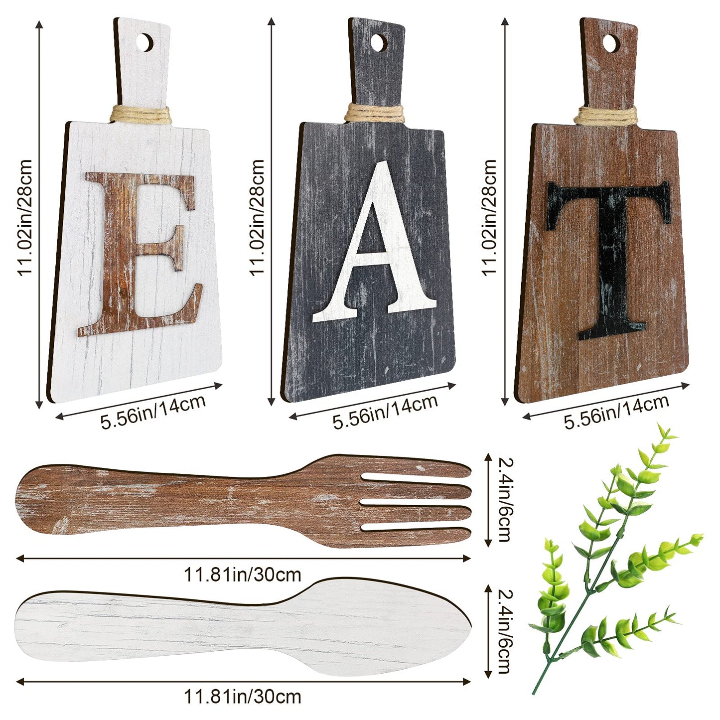 Jetec Cutting Board Eat Sign Set Hanging Art Kitchen Eat Sign Fork and Spoon Wall Decor Rustic Primitive Country Farmhouse Kitchen Decor for Home Decoration(White, Grey,brown)