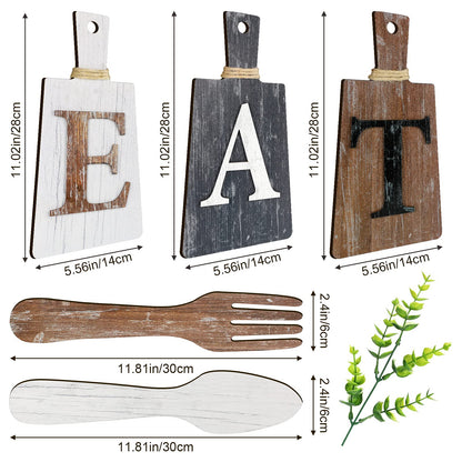 Jetec Cutting Board Eat Sign Set Hanging Art Kitchen Eat Sign Fork and Spoon Wall Decor Rustic Primitive Country Farmhouse Kitchen Decor for Home Decoration(White, Grey,brown)