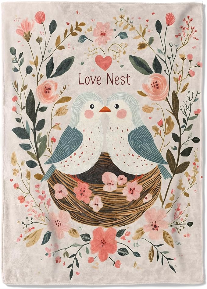 Bird Love Nest Fleece Blanket - 40x50in Cute Two Birds Flower Romantic Throw Blankets,Soft Cozy Lightweight, Ideal for Bed Living Room Home Whimsical Decor and Girls Women Gifts