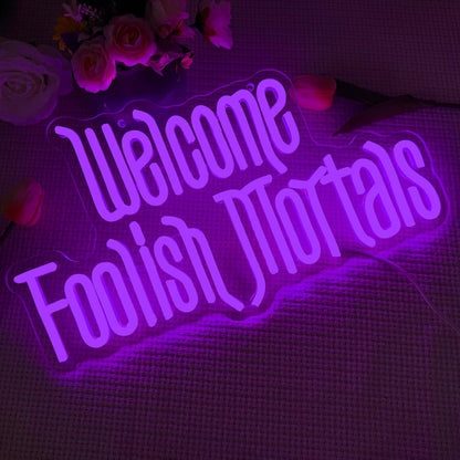 Welcome Foolish Mortals Neon Sign,Dimmable Spooky Gothic Haunted Mansion Decor Coffin LED Neon Signs for Wall Decor,USB Powered Led Neon Light for Party Haunted House Man Cave Birthday Christmas Gifts(16.1*9.4in) (Purple)
