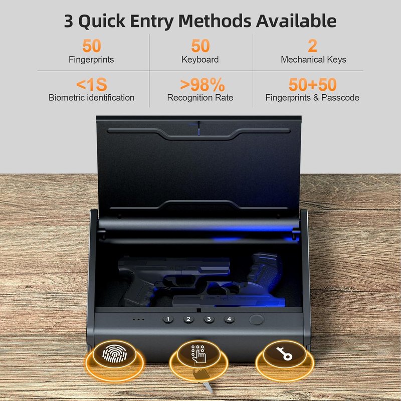 Biometric Gun Safe for Handgun - Quick Access Pistol Safe with Fingerprint & Voice Navigation | Interior Light, Mute Mode, Steel Cable Included