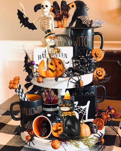 iStatue Halloween Decorations Indoor, 2-Pack Resin Black Cat & Skeleton on Pumpkin with Jack-o’-Lantern Lights Gift for Fireplace Tabletop Party Tiered Tray Decor (Skeleton & Cat)