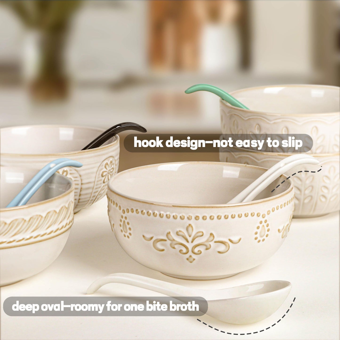 Artena Bright White 6.75 inch Asian Soup Spoons Set of 6, Ultra-fine Porcelain Tablespoon, Chinese/Japanese Kitchen Soup Spoons for Cereal, Ramen Pho - Deep Oval Hook Design