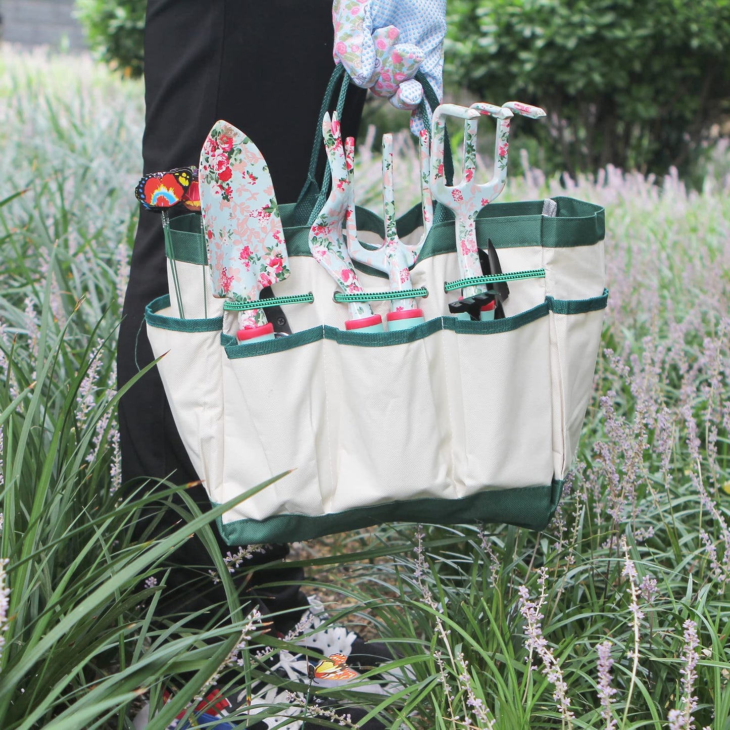 Garden Tools Set, 16 Pieces Gardening Gifts for Women & Men, Heavy Duty Floral Gardening Tools Set with Storage Bag, Ergonomic Garden Gifts Kit for Mum, Girlfriend (Green Flowers)