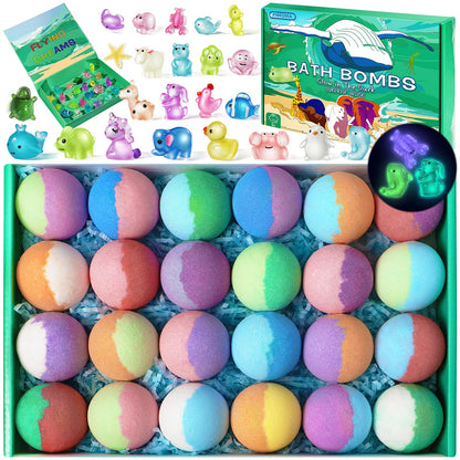 Bath Bombs for Kids with Toys Inside - 24 Pack Kids Bath Bombs with Glow in The Dark Surprise Toys Inside, Natural Organic Bubble Bath Fizzy, Christmas Gifts for Kid Girls Boys, Stocking Stuffers