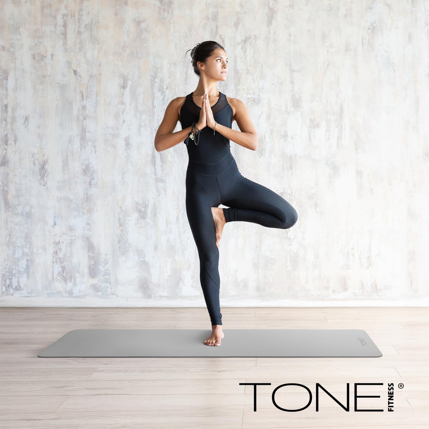 TONE Fitness Yoga Mat 1/4" Thick Non Slip Exercise & Pilates Mat for Home Workouts with Carrying Strap | Pyramid Pattern | Black