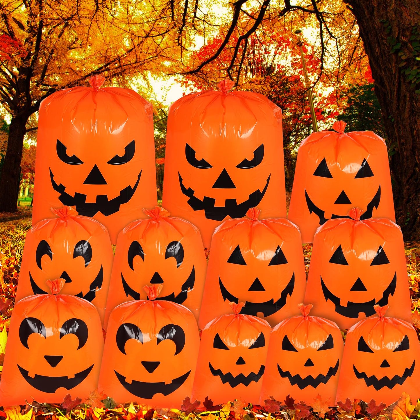 12Pcs Halloween Pumpkin Lawn Bags - Halloween Decorations Leaf Bags with 5 Designs, Halloween Party Favors Fall Halloween Trash Bags with Twist Ties for Yard Lawn Garden Halloween Decorations Outdoor