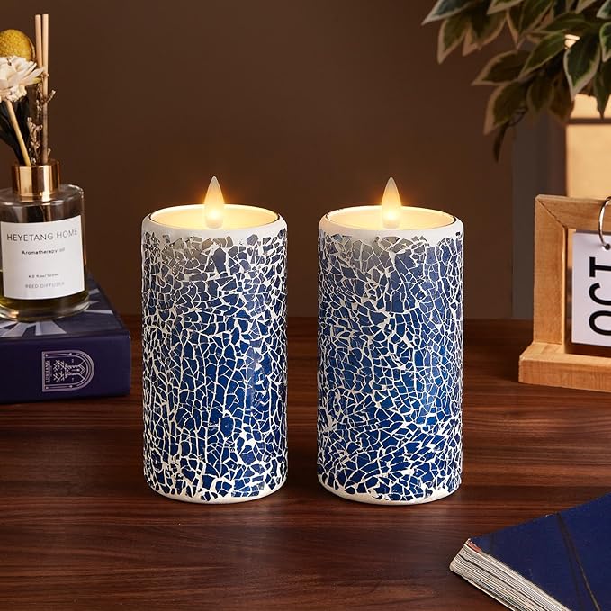 Blue Cracked Glass Flameless Pillar Candles - 3D Moving Flickering LED, Remote Timer & Battery Operated, Real Wax Interior for Home/Christmas Decor
