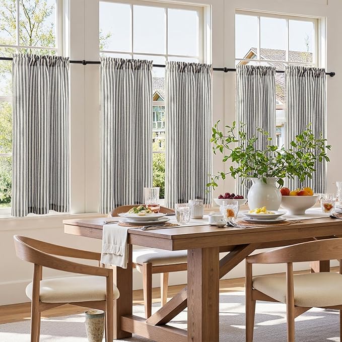 jinchan Striped Linen Kitchen Curtains 45 Inches Tier Curtains Farmhouse Modern Cafe Style Small Window Treatments Airy Light Filtering Rod Pocket for Living Room Bathroom 2 Panels Charcoal Grey