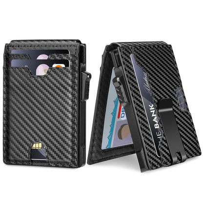 Vandz Minimalist Wallet for Men,Slim RFID Blocking Bifold Wallet Credit Card Holder Aluminum Pop-Up Card Case with Money Clip (Carbon Fiber Black)