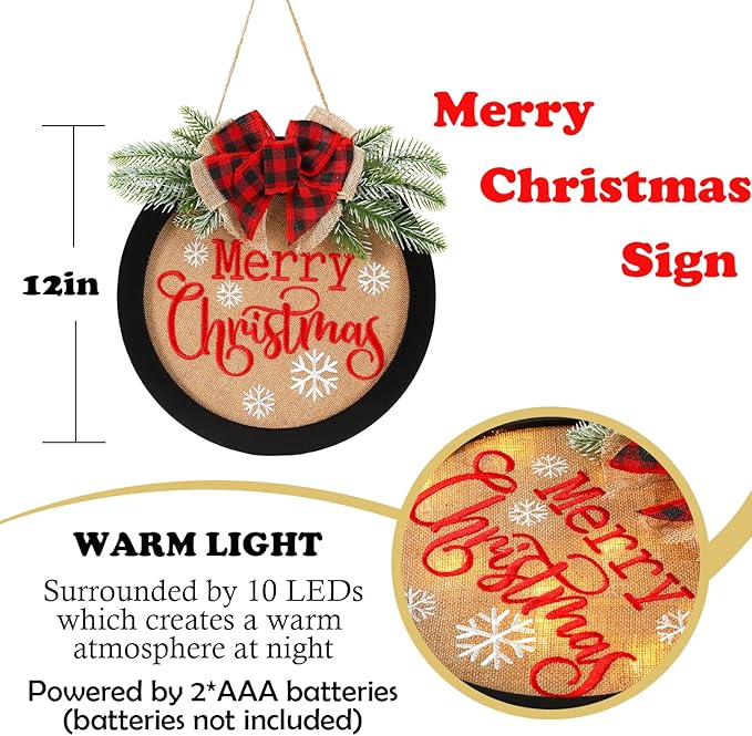 HOMCDALY Merry Christmas Welcome Sign for Front Door, Winter Merry Christmas Wreath with Light, Farmhouse Door Decoration Wooden Hanging Sign, Christmas Decoration (F-Xmas-Black)