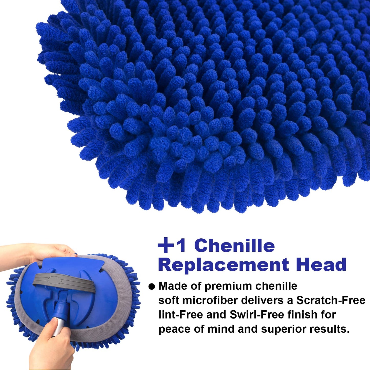 Car Wash Brush 160cm 63'' Car Cleaning Brush Long Handle, Microfibre Extendable Car Wash Mop Mitt Suitable for Washing Cars, SUV, Truck, Caravans and Household (2 x Mop Head), Blue