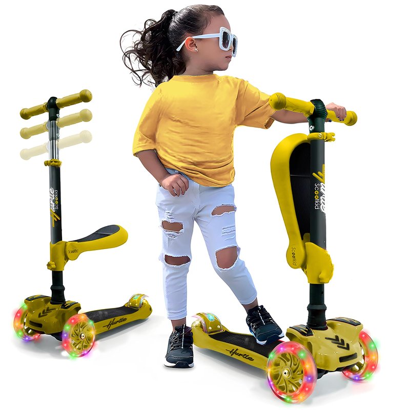 Hurtle 3 Wheeled Scooter for Kids - 2-in-1 Sit/Stand Child Toddlers Toy Kick Scooters w/ Flip-out Seat, Adjustable Height, Flashing Wheel Lights, Great for Indoor/Outdoor Fun, Yellow