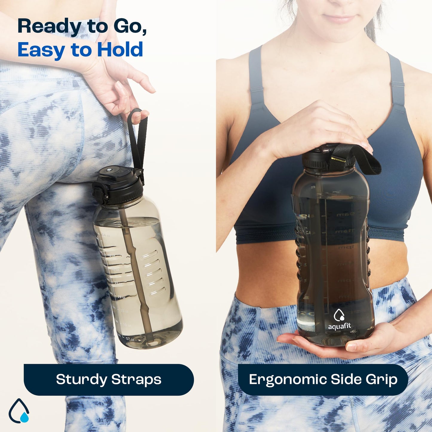 AQUAFIT 64 oz Water Bottle with Time Marker - 2in1 Straw & Chug Lid - BPA Free Big Water Bottle with Straw - Gym Water Bottle with Strap - Water Jug (64 Ounces, Gray)