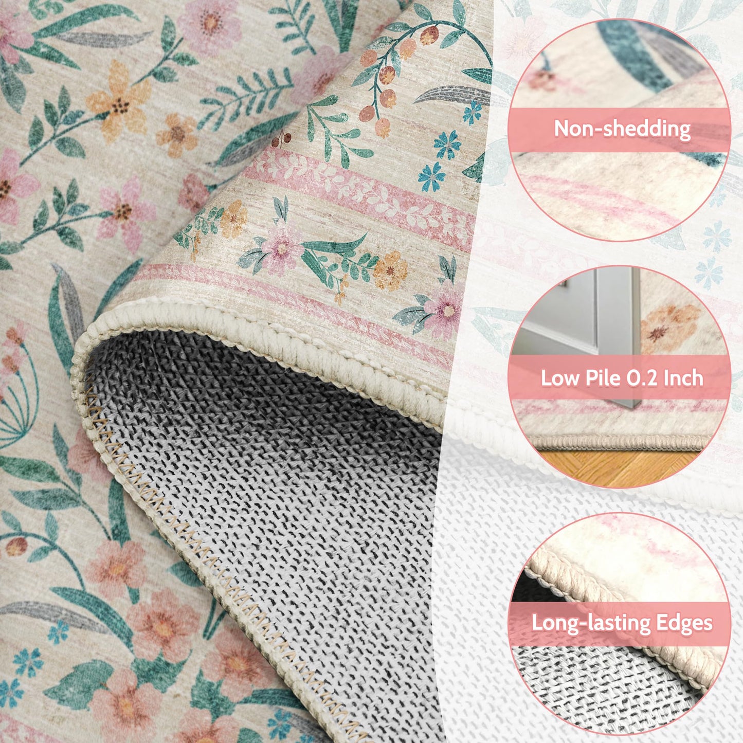 Dadasgk 5x7 Pink Floral Nursery Rug,Pink Rugs for Bedroom Girls,Machine Washable Non Slip Soft Faux Wool Carpet,Cute Boho Indoor Area Rugs for Kids Room or Playroom