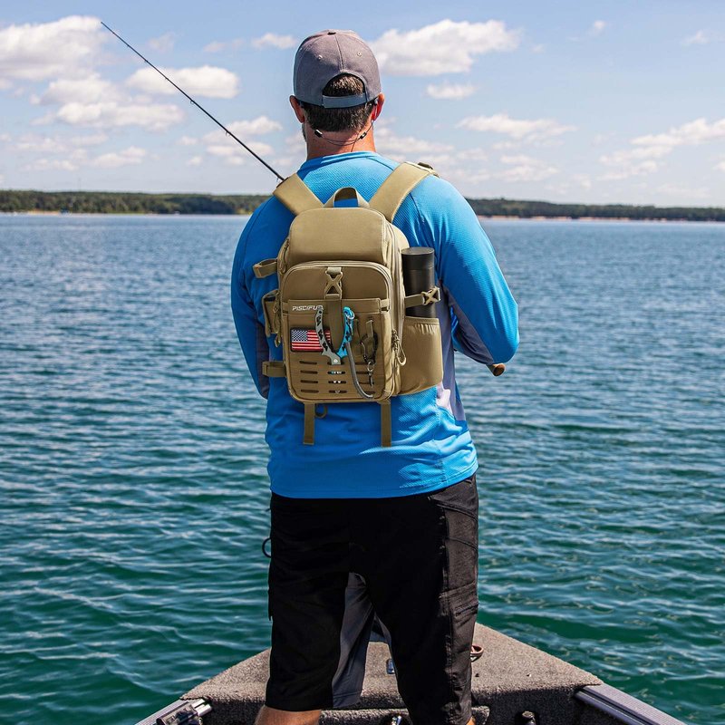 Piscifun Fishing Sling Tackle Bag with Rod & Gear Holder, Lightweight Sling Tackle Storage Bag with Protective Rain Cover, Outdoor Gear for Hiking, Khaki