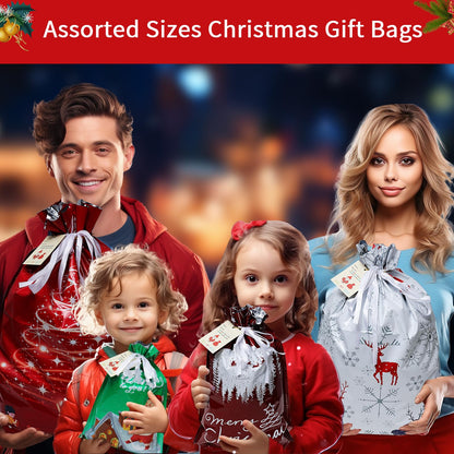 Yunaeduo Drawstring Christmas Gift Bags -20PCS Christmas Bags Assorted Sizes for Presents - Plastic Wrapping Bags Bulk - Xmas Gift Bags, 4 Designs (5 of Each) Extra Large/Big/Medium/Small Sizes