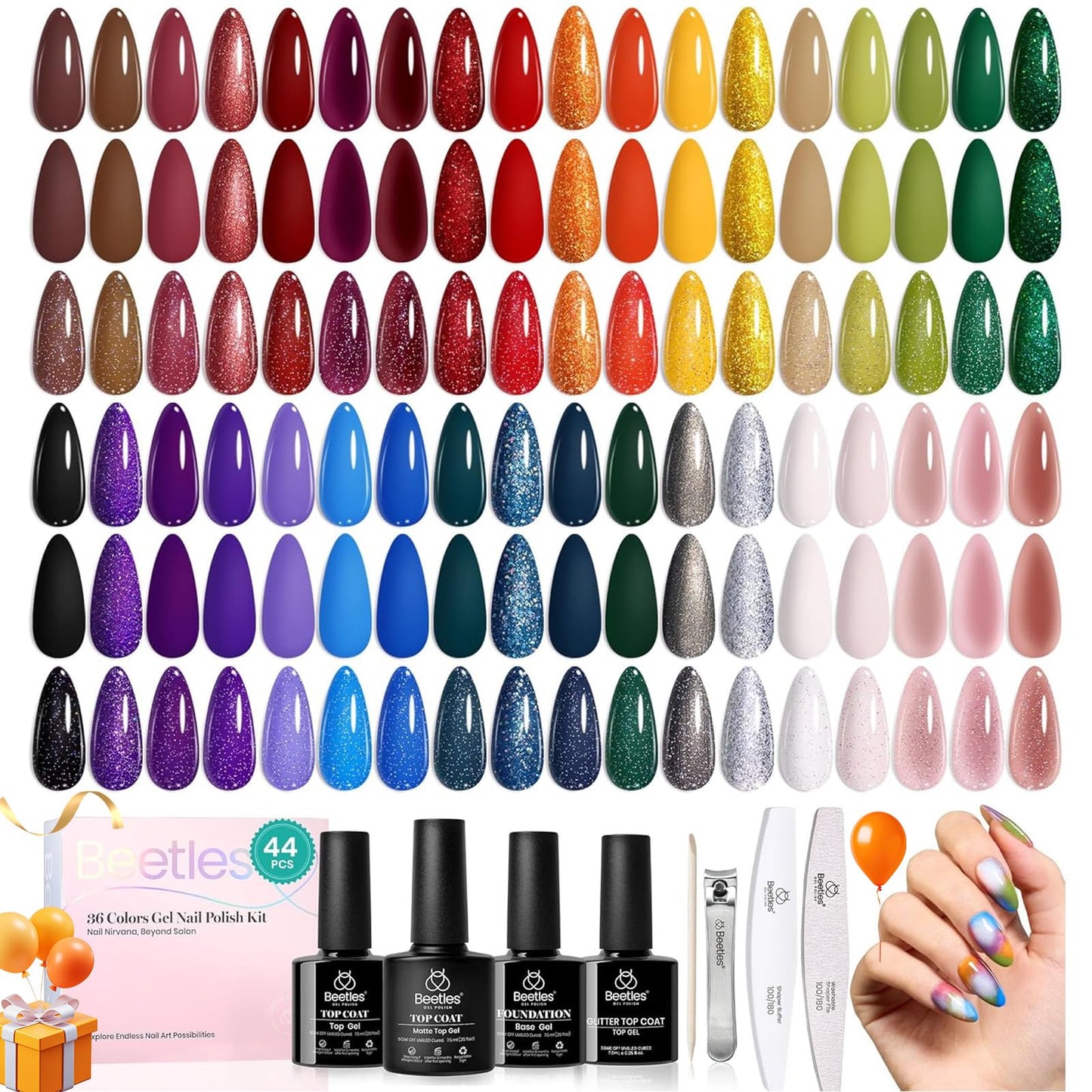 Beetles Fall Gel Nail Kit, Mystic Wonderland Gel Polish Set, 36 Colors Burgundy Brown Orange Red Polish Kit with Base Coat Glossy Matte & Glitter Top Coat Soak Off UV Led Nails Gifts for Women