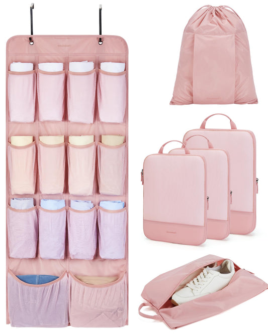 BAGSMART Hanging Compression Packing Cubes for Closet Organizers And Storage, 6 Set Suitcase Organizer Bags, Cruise Travel Essentials for Women, Baby Pink