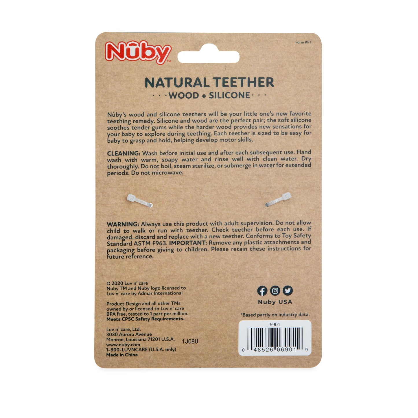 Nuby Natural Wood & Silicone Teether Ring: 3 M+, Elephant, Gray
