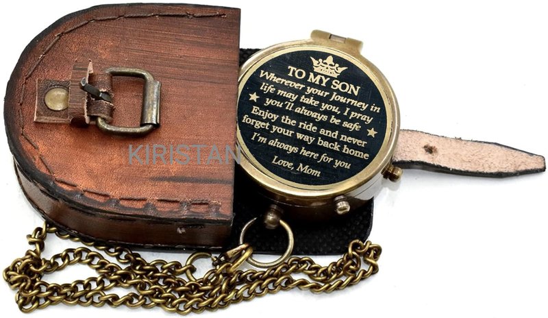 Antique Brass 2 Inch Compass | to My Son I'm Always here for You | Engraved Pocket Chain Compass with Leather Case for Love Mom to Son Antique Compass, Birthday Gift, Graduation Gift