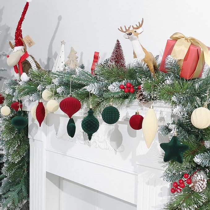 SY Super Bang 30PCS Velvet Christmas Ornaments Set, Flocked Shatterproof Assorted Hanging Xmas Tree Ball Decorations, for Home Party Holiday Decor, Coffee, Beige, Deep Green