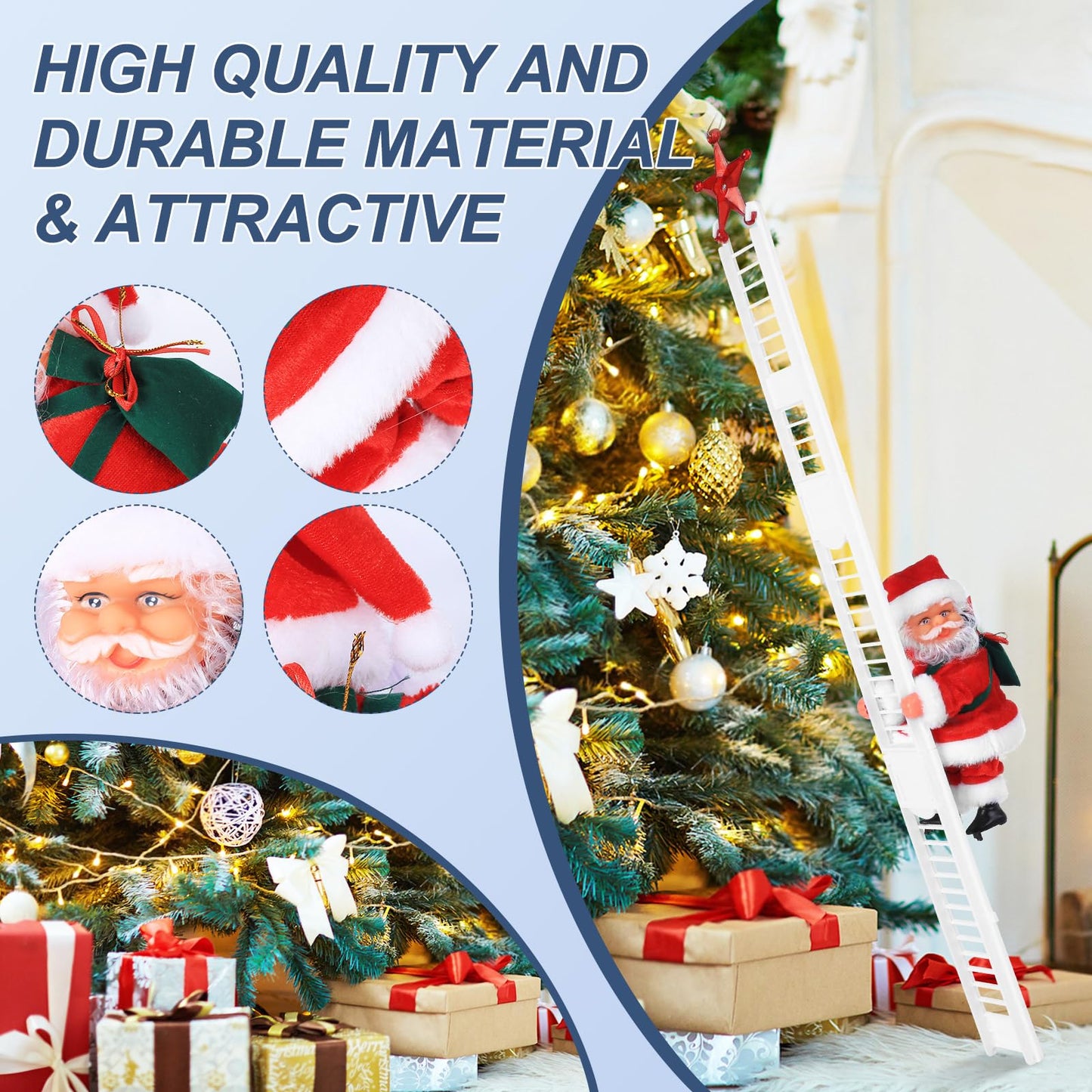 Electric Santa Ladder with Climbing Santa Claus,Singing Santa Christmas Plush Toys Decorations with Music for Xmas Tree Ornament Indoor