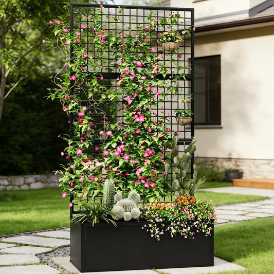 Privacy Planters for Patio – Metal Raised Garden Bed with Trellis and Privacy Screen, 71" x 35" x 16" Planter Box with Drainage Holes for Climbing Plants, Vegetables, and Vines, Outdoor Backyard Black