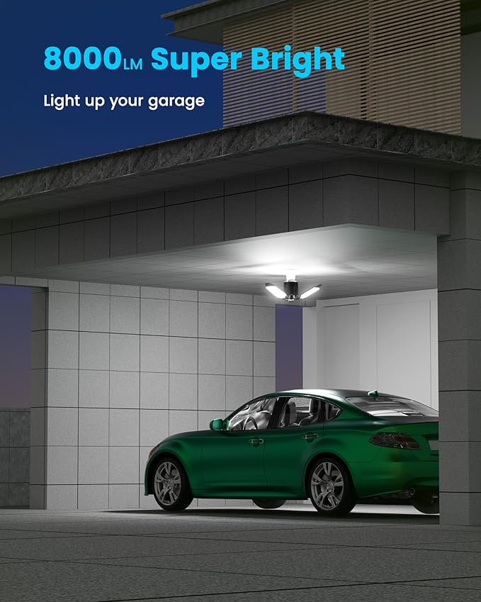 4-Pack Garage Lights with Motion Sensor, 8000LM Motion Sensor Light Indoor with 3 Deformable Design and Auto-Off, E26 Screw-in 6500K Motion Activated Bulbs for Ceiling/Basement