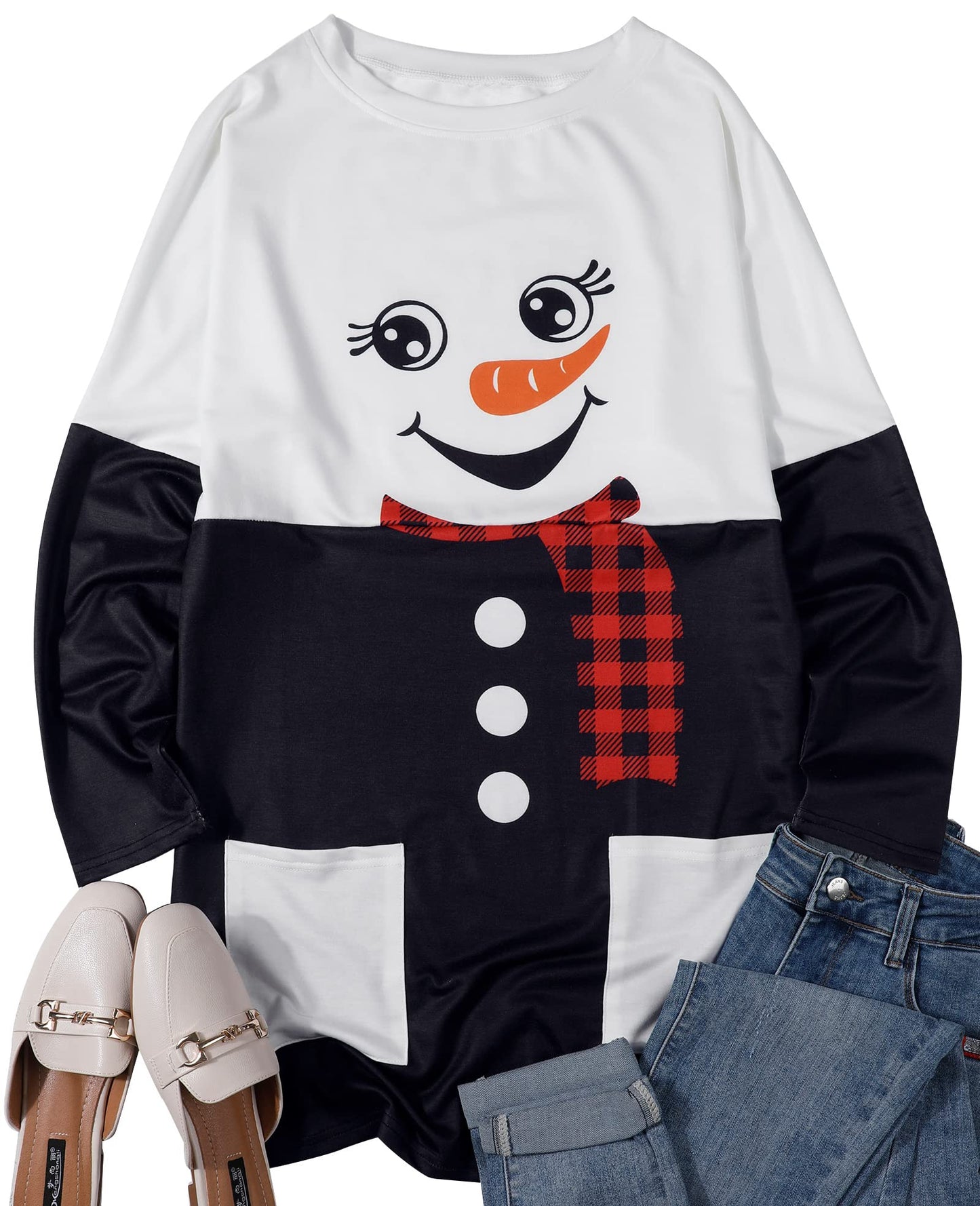MOUSYA Women Dress Shirt Christmas Long Sleeve Tops Santa Printed Pullover Loose Plus Size T-Shirt Blouse with Pockets Black White