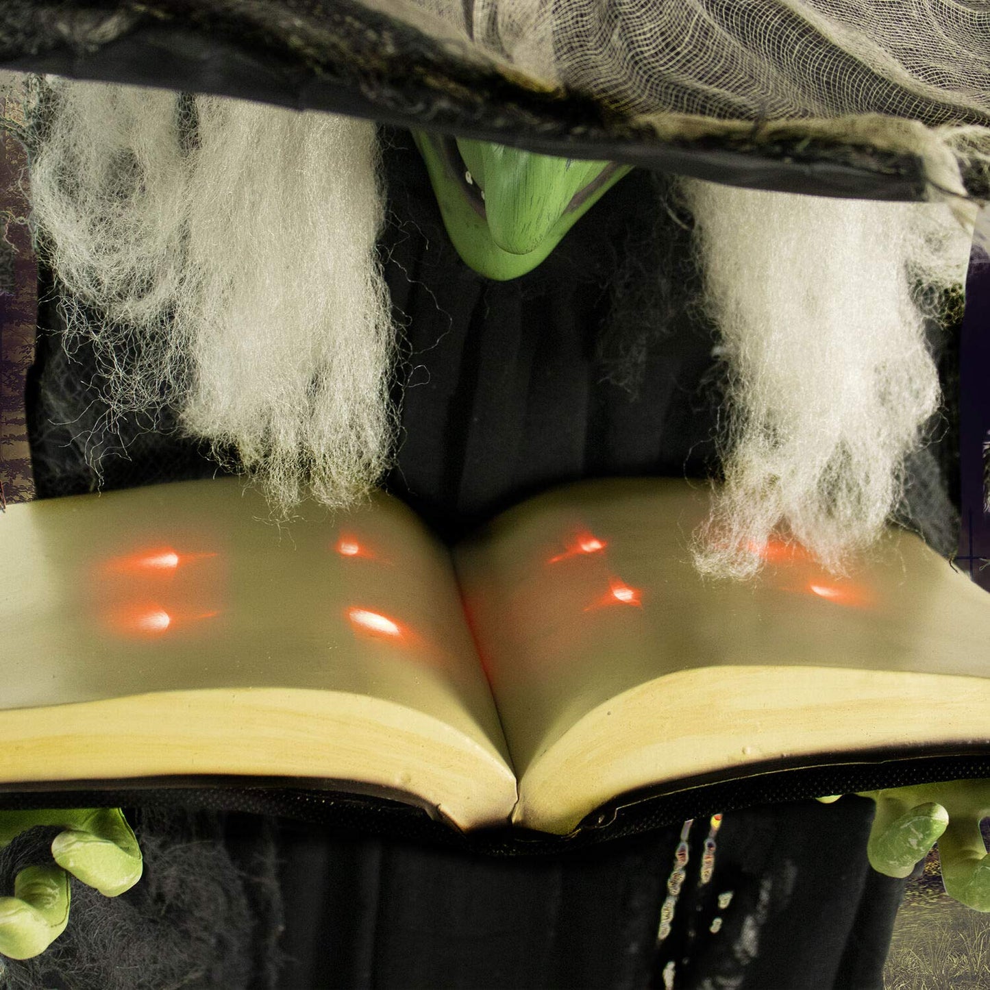 Haunted Hill Farm Life-Size Talking Witch Holding Spell Book, Halloween Animatronic with Touch Activated Lights and Sound, Poseable, Battery Operated Indoor or Covered Outdoor Halloween Decorations