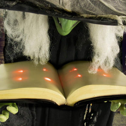 Haunted Hill Farm Life-Size Talking Witch Holding Spell Book, Halloween Animatronic with Touch Activated Lights and Sound, Poseable, Battery Operated Indoor or Covered Outdoor Halloween Decorations