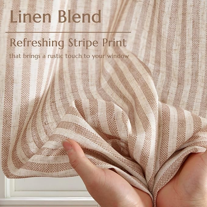 jinchan Striped Linen Kitchen Curtains 36 Inches Length Tier Curtains Farmhouse Modern Cafe Style Small Window Treatments Airy Light Filtering Rod Pocket for Living Room Bathroom 2 Panels Tan