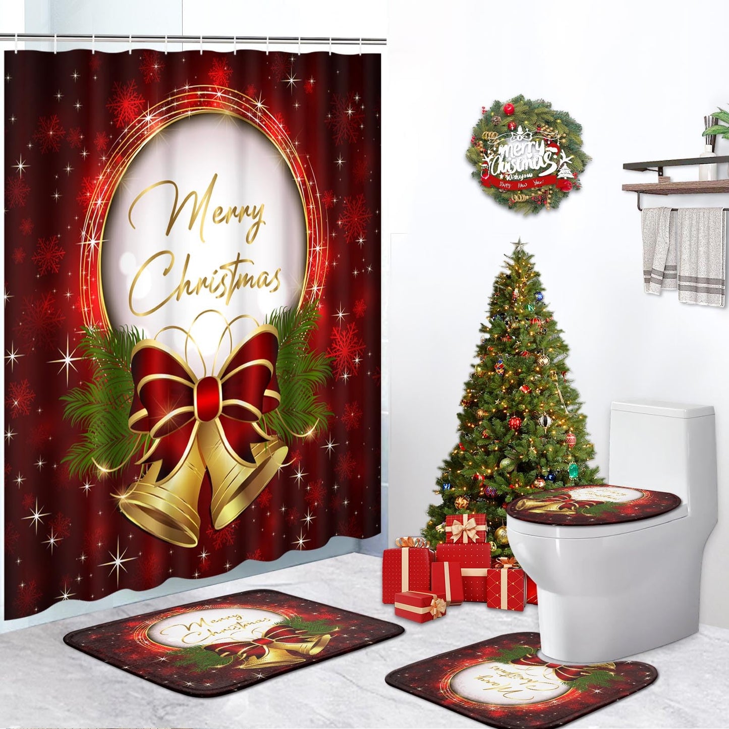 ArtSocket 4 Pcs Shower Curtain Set Christmas Bells Bow Snowflakes Red with Non-Slip Rugs Toilet Lid Cover and Bath Mat Bathroom Decor Set 72" x 72"