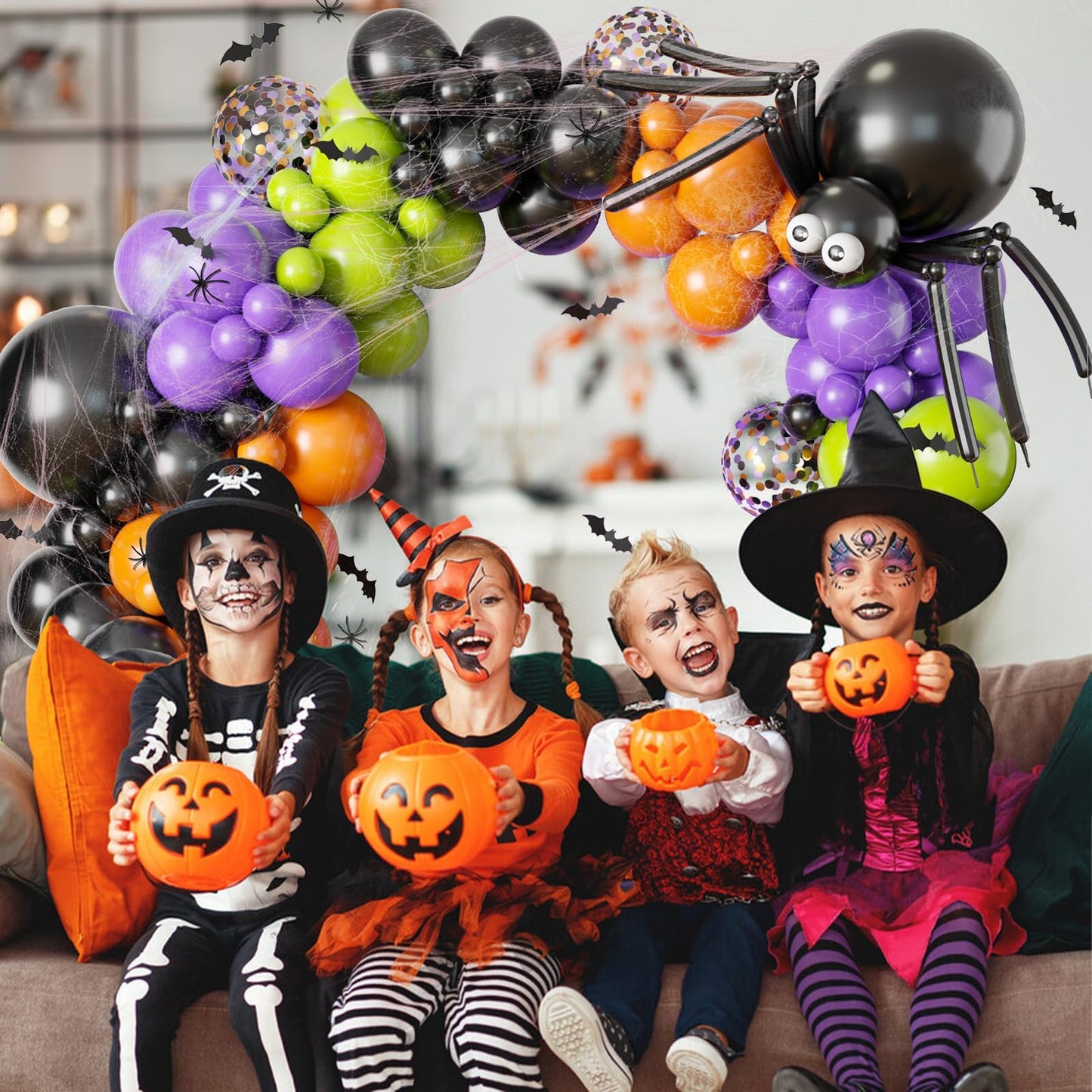Halloween Balloon Garland Arch Kit with Big Spider DIY Balloons, 131 Pcs Black Orange Lime Green Purple Confetti Latex Balloons Arch with 3D Bats & Spider Web for Halloween Party Decorations Supplies