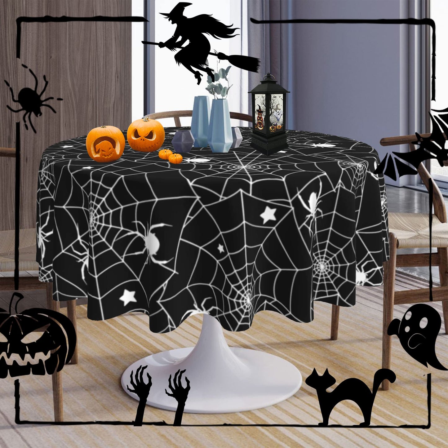 SuQKXCo Halloween Spider Web Round Tablecloth 60 Inch Stars Tablecover Anti-Wrinkle Waterproof Wipeable Table Cloth for Kitchen/Home Decoration