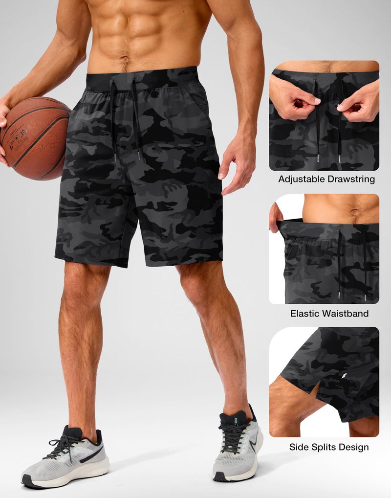 Soothfeel Men's Running Shorts with Zipper Pockets 9 Inch Lightweight Quick Dry Gym Sports Athletic Workout Basketball Shorts for Men (Grey Camo, XXXL)