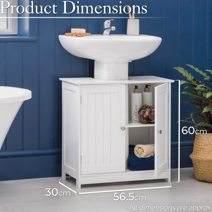 CHRISTOW White Under Sink Bathroom Cabinet, Free Standing Wooden Sink Storage Unit, Basin Cupboard With Shelf