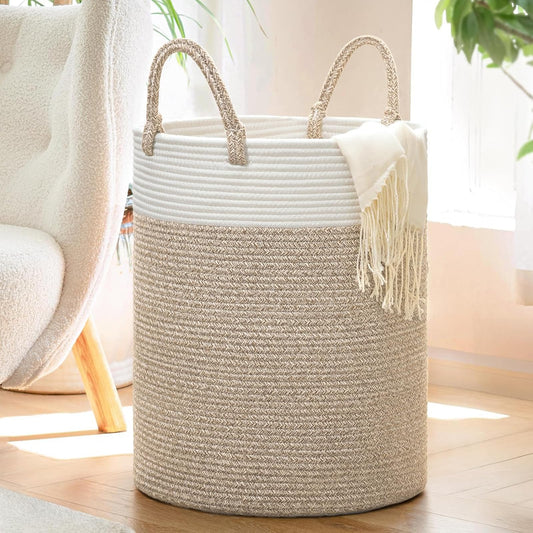INDRESSME Tall Wicker Laundry Basket, Large Woven Clothes Hamper for Bedroom, Bathroom, Living room, Tall Nursery Hamper for Blankets, Toys, 16 x 20 inches White & Brown