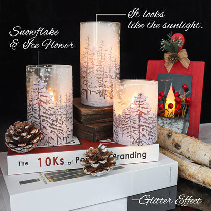 REVELBUNNY Christmas Tree Flameless Candles, Flickering Battery Operated LED Candles with Remote Timer, Snowflake Iced Glass Pillar Candles for Holiday Party Home Decoration Christmas Gifts, Set of 3