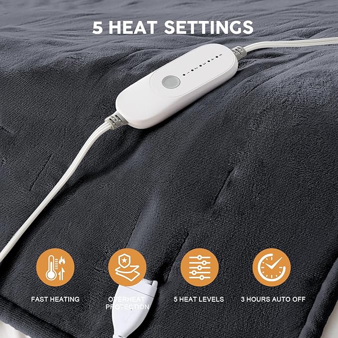 HYLEORY Heated Electric Blanket Queen 84"x90" Soft Fleece & Flannel with 5 Heating Levels & 10 Hours Timer Auto Shutt Off, ETL Certified, Washable，Heated Blanket for Body-Dark Grey